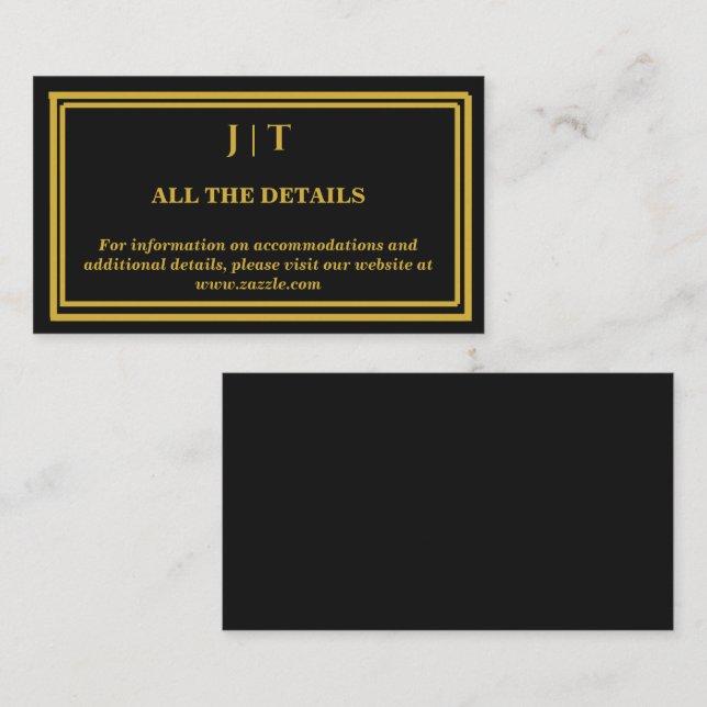 Lyxig svart & guld monogram bröllopsfodral tilläggskort (Fram/baksida)