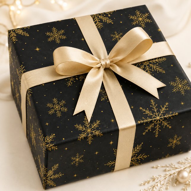 Lyxig svart guld snöflinga stjärnig julpresent presentpapper (Skapare uppladdad)