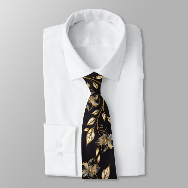 Lyxig svart & guldblommig herrslips – Elegant Slips (Bunden)