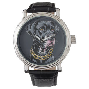 Lyxig svart hund med guldkedja armbandsur
