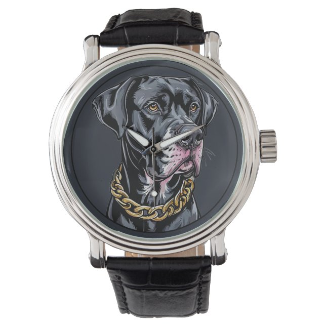 Lyxig svart hund med guldkedja armbandsur (Framsida)