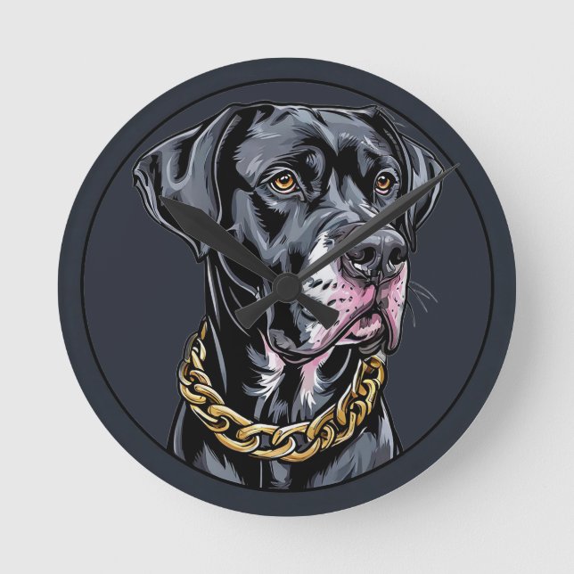 Lyxig svart hund med guldkedja rund klocka (Framsida)