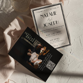Lyxig Svart Kräm Gammalt Pengar QR-kod Foto Bröllo Inbjudningar