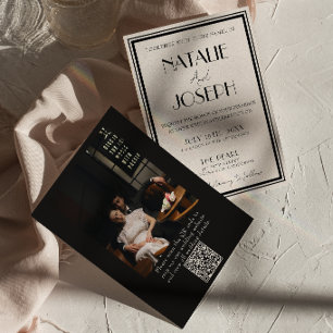 Lyxig Svart Kräm Gammalt Pengar QR-kod Foto Bröllo Inbjudningar
