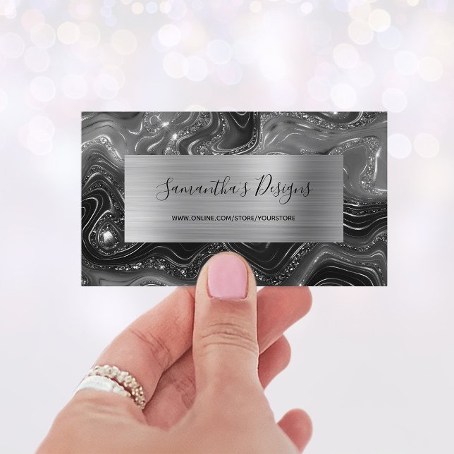 Lyxig svart marmor agat glam silverfolie visitkort (Luxury Black Marble Agate Glam Silver Foil Business Card)
