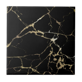 Lyxig svart marmor med tung gyllene Kintsugi-spric Kakelplatta