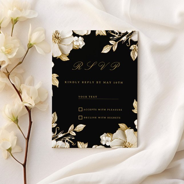 Lyxig svart och guld blomster-RSVP Inbjudningar (Luxury black and gold floral RSVP )