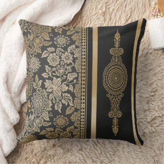 Lyxig svart och guld Damaskus blommande Mandala Kudde