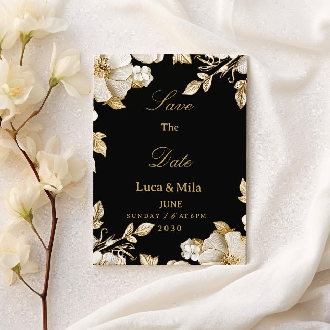 Lyxig svart och guld floral Spara datum Inbjudningar (Luxury black and gold floral Save the Date )