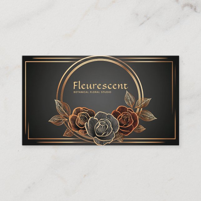 Lyxig svart och guld Linjekonst Ros Blomma Visitkort (Framsida)