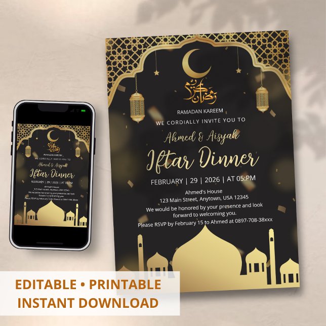 Lyxig svart och guld moské Iftar middag Inbjudningar (Skapare uppladdad)
