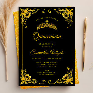 Lyxig svart och guld-quinceañera med gyllene krona inbjudningar