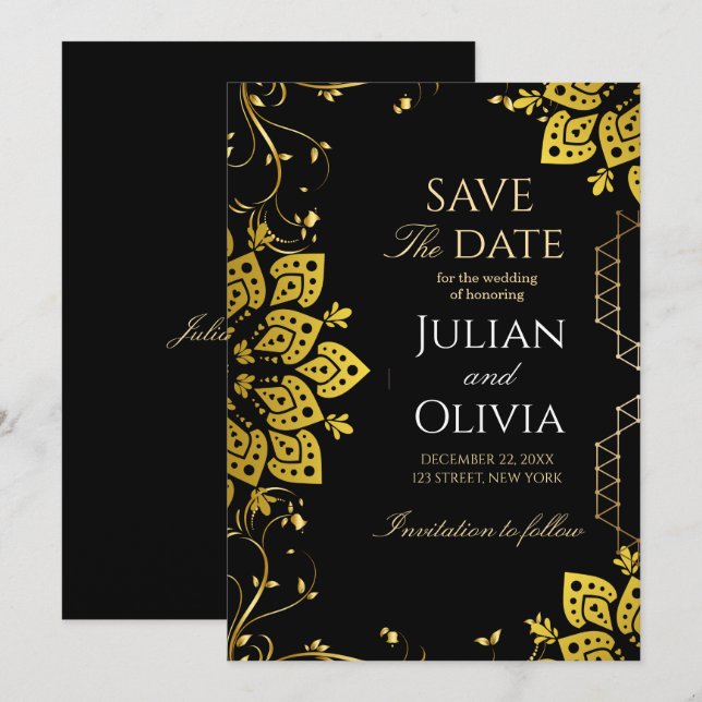 Lyxig svart och guld Save the Date-kort Inbjudningar (Fram/baksida)