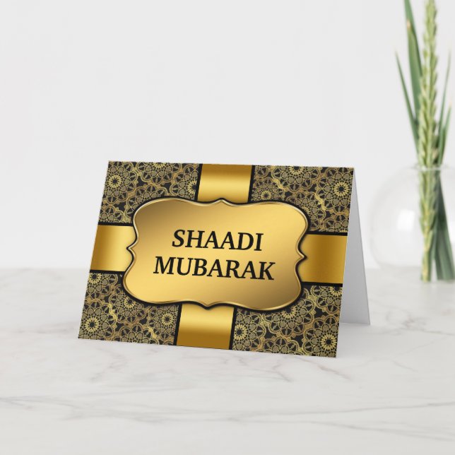 Lyxig Svart och Guld Shaadi Mubarak Kort (Framsida)