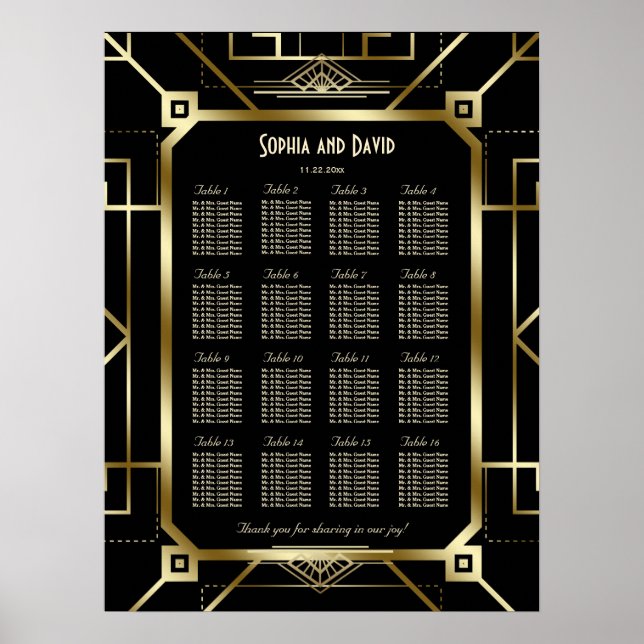 Lyxig svart och guld stor sittplatskarta poster (Framsidan)