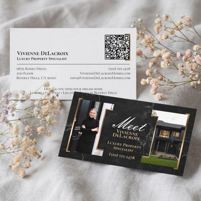 Lyxig Svart Professionell Fastighetsmäklare Foto Visitkort (Luxury Black Professional Real Estate Agent Photo Business Card)