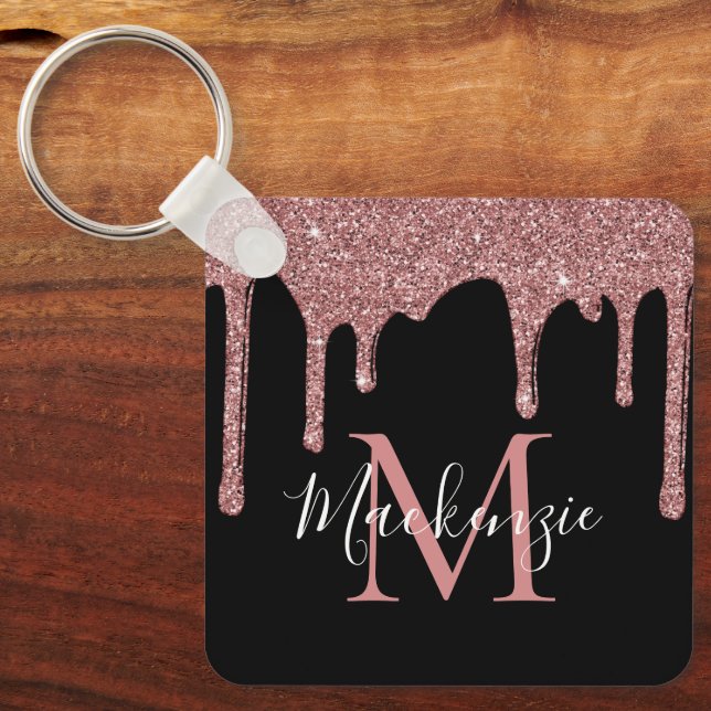 Lyxig svart roséguld glitterdroppad monogram nyckelring (Framsida)