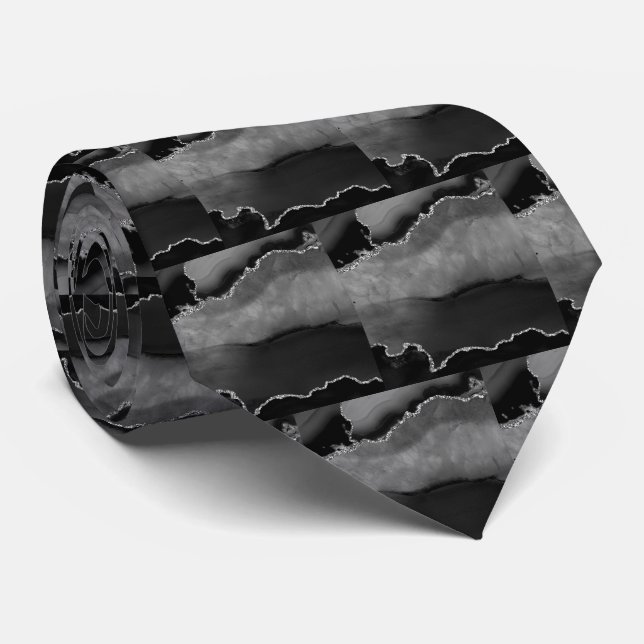 Lyxig svart silver falskt glitter falsk silke slips (Rullad)