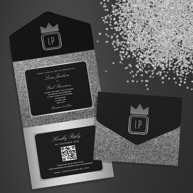 Lyxig svart silverglitter Monogram Bröllop (Skapare uppladdad)