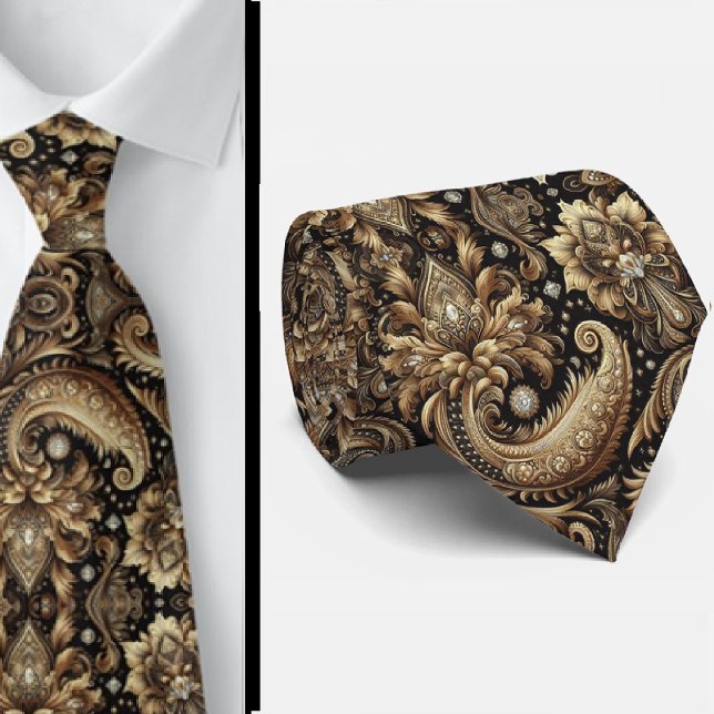 Lyxig svart vit guld paisley diamant halsduk slips (Skapare uppladdad)
