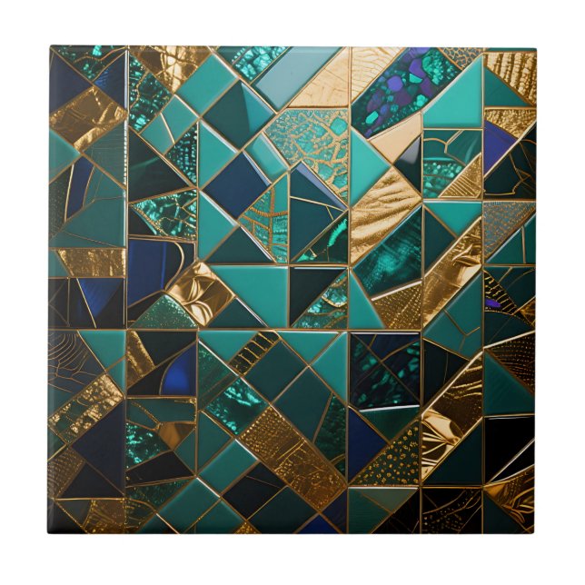 Lyxig Teal Guld Geometrisk Moasikmönster Kakelplatta (Framsidan)