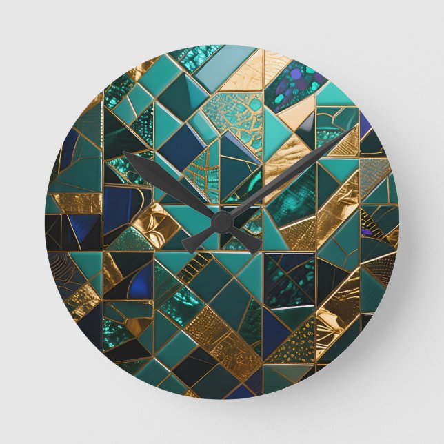 Lyxig Teal Guld Geometrisk Mozaik Mönster Rund Klocka (Framsida)