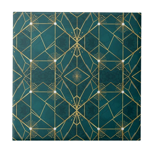 Lyxig Teal & Guld Symmetrisk Geometrisk Sömlös  Kakelplatta (Framsidan)