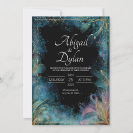 Lyxig Teal Guldblad Celestial Ram Bröllop Inbjudningar