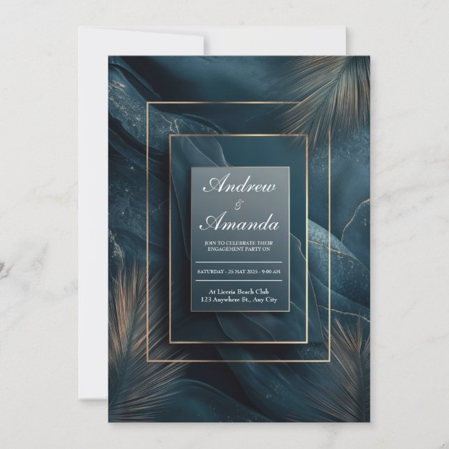 Lyxig Teal Marmor Guld Ram Abstrakt Palm Inbjudningar (Framsida)