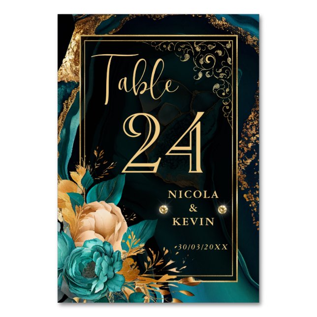 Lyxig Teal och Guld Blommig Agat Bröllop Bordsnummer (Framsidan)