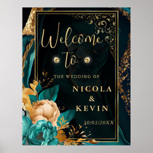 Lyxig Teal och Guld Blommig Agat Bröllopsvälkomst Poster