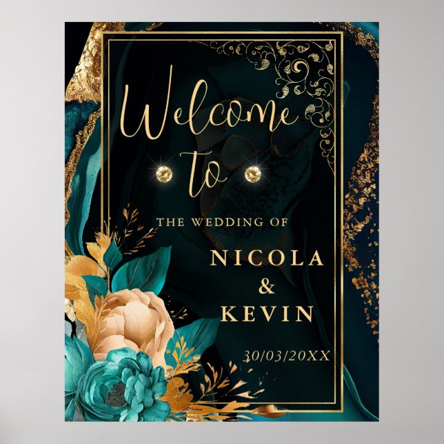 Lyxig Teal och Guld Blommig Agat Bröllopsvälkomst Poster (Framsidan)