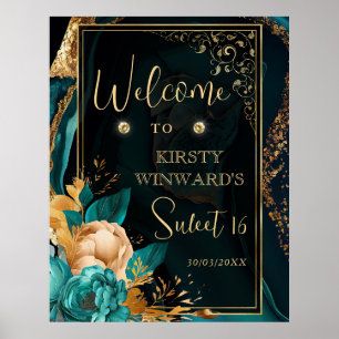 Lyxig Teal och Guld Blommig Agat Sweet 16 Välkomme Poster
