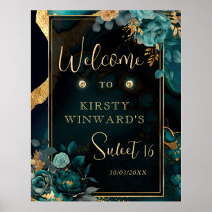 Lyxig Teal och Guld Blommig Agat Sweet 16 Välkomme Poster