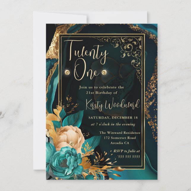 Lyxig teal och guld floral agat födelsedagsfest inbjudningar (Framsida)