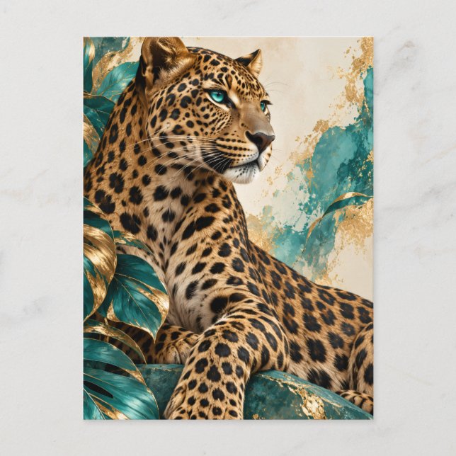 Lyxig Teal och Guld Leopard Pussel  Vykort (Framsida)
