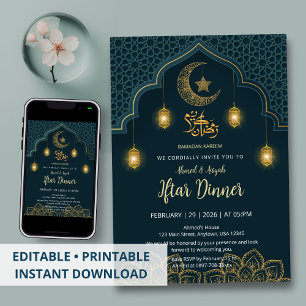 Lyxig Teal och Guld Mandala Iftar-inbjudan Inbjudningar