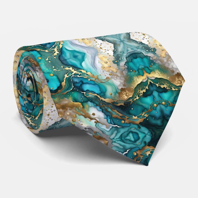 Lyxig teal och guld marmor vätske konst mönster slips (Rullad)