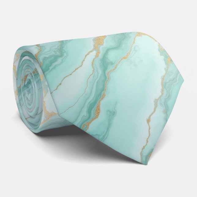 Lyxig Teal och Guld Marmor Vätskekonst Mönster Hal Slips (Rullad)