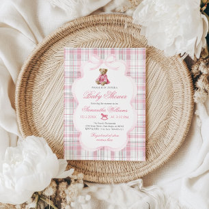 Lyxig Teddybjörn Rosa Plaid Babyflicka Babyshower Inbjudningar