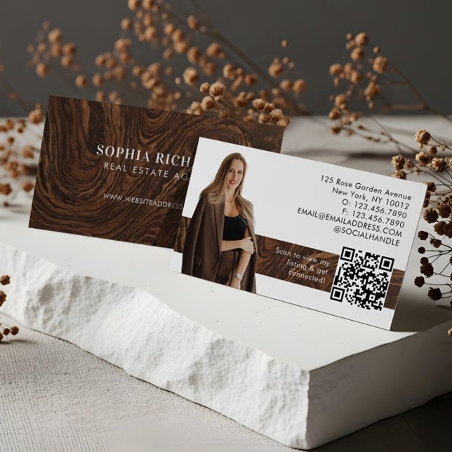 Lyxig Trästruktur Professional Fastighets Foto Visitkort (Luxury Woodgrain Professional Real Estate Photo Business Card)