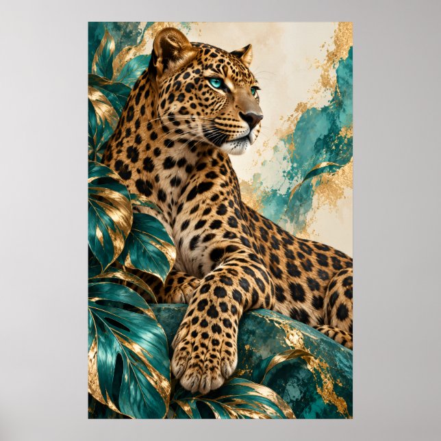 Lyxig turkos och guld leopardkonstaffisch poster (Framsidan)