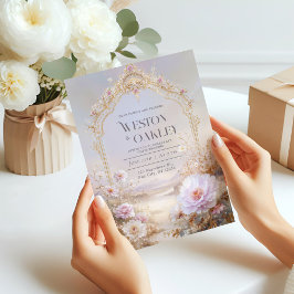 Lyxig utsmyckad gul båge rosa peony blomsterbröllo inbjudningar