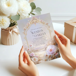 Lyxig utsmyckad gul båge rosa peony blomsterbröllo inbjudningar