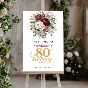 Lyxig vinröd blommig välkomstaffisch för 80-årsdag poster