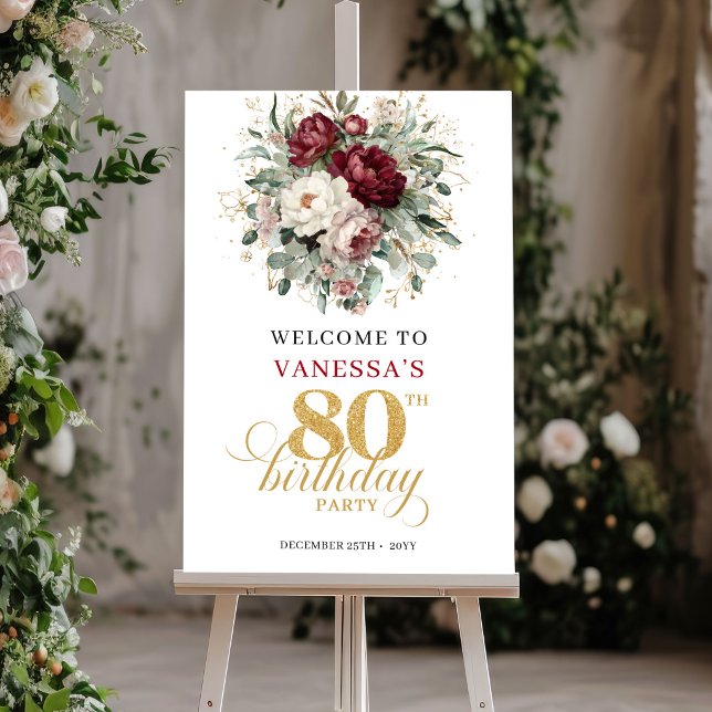 Lyxig vinröd blommig välkomstaffisch för 80-årsdag poster (Opulent Maroon Floral 80th Birthday Welcome Poster)