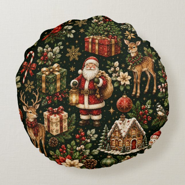 Lyxig Vintage Jul Holiday Mönster Rund Kudde (Baksidan)