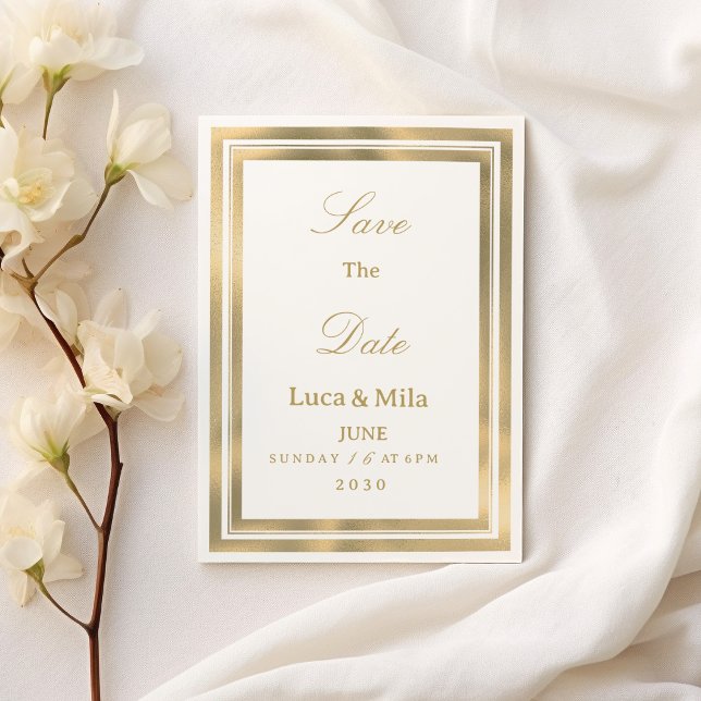 Lyxig vit guld geometrisk ram Spara datum  Inbjudningar (Luxury white gold geometric frame Save the Date )