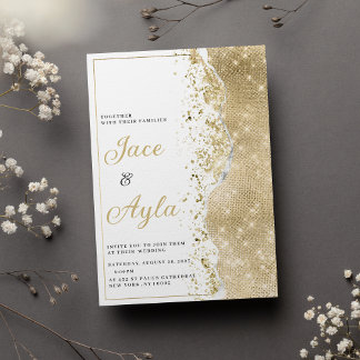 Lyxig vit guld glitter bokech bröllop inbjudningar