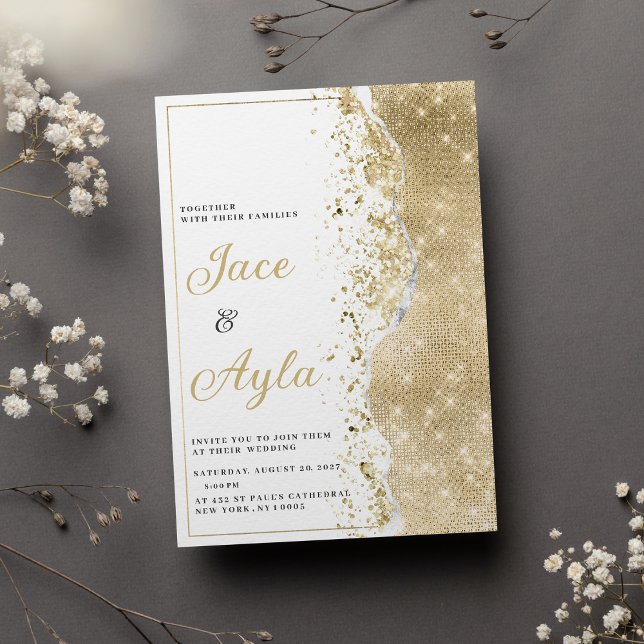 Lyxig vit guld glitter bokech bröllop inbjudningar (Classy luxury white gold glitter bokech Wedding )